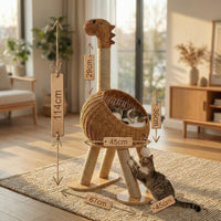 Arbre à chat design Dino HammiePets en rotin tressé naturel, 114cm, avec plateforme et arbre à griffer. Style bohème chic.