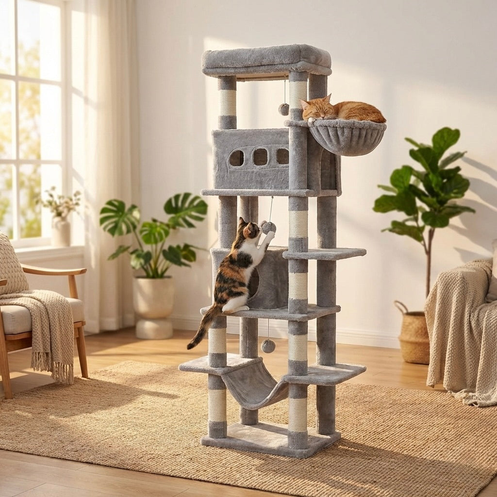 Arbre à chat XXL SkyLounge 170cm avec 6 niveaux pour Maine Coon, en sisal et plateforme confortable, par HammiePets.