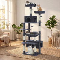 Arbre à chat XXL SkyPalace 184cm HammiePets avec 8 niveaux, idéal pour Maine Coon, en bois et tapis gris clair
