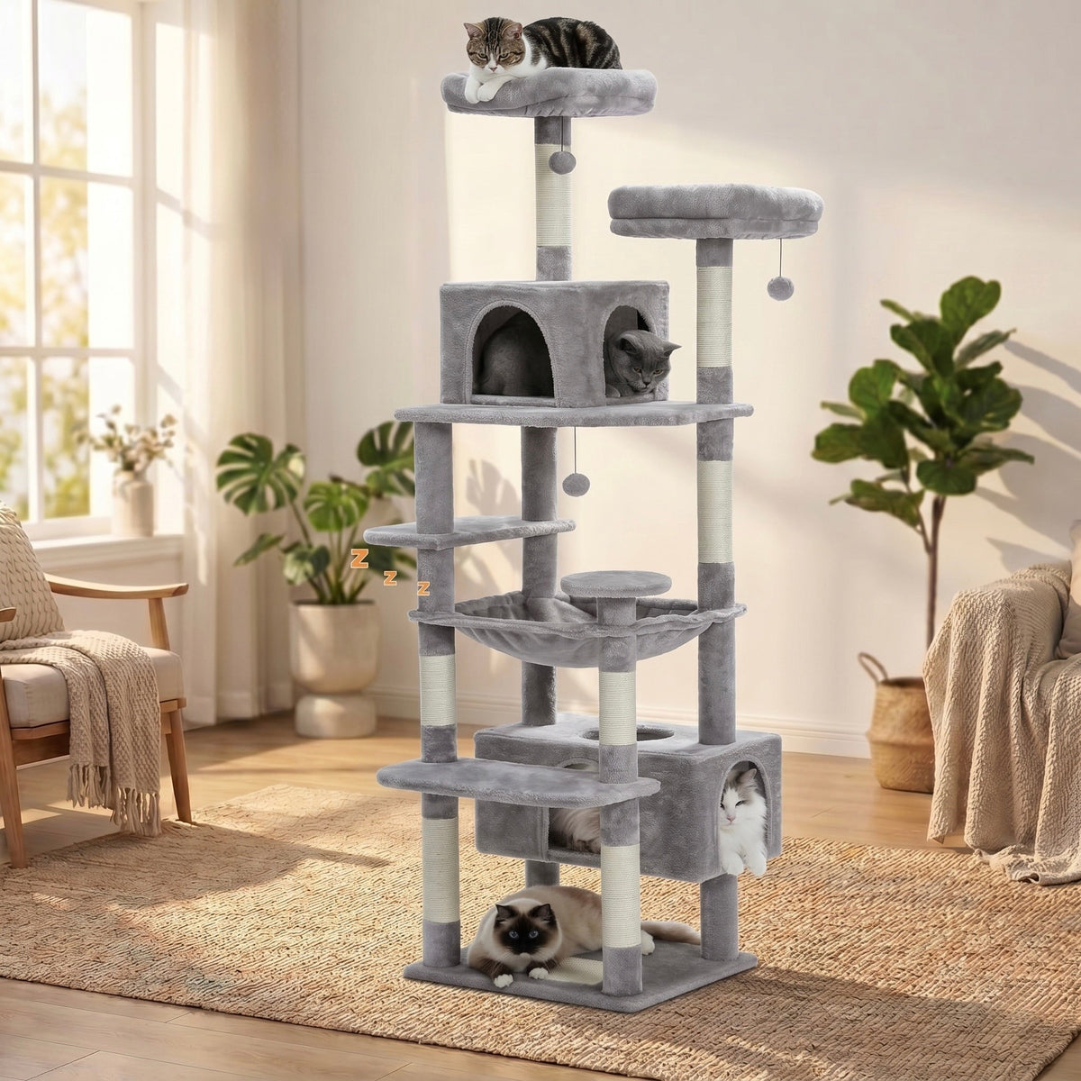 Arbre à chat XXL SkyPalace 184cm pour Maine Coon, avec 8 niveaux, en bois naturel et plateformes pour chat.