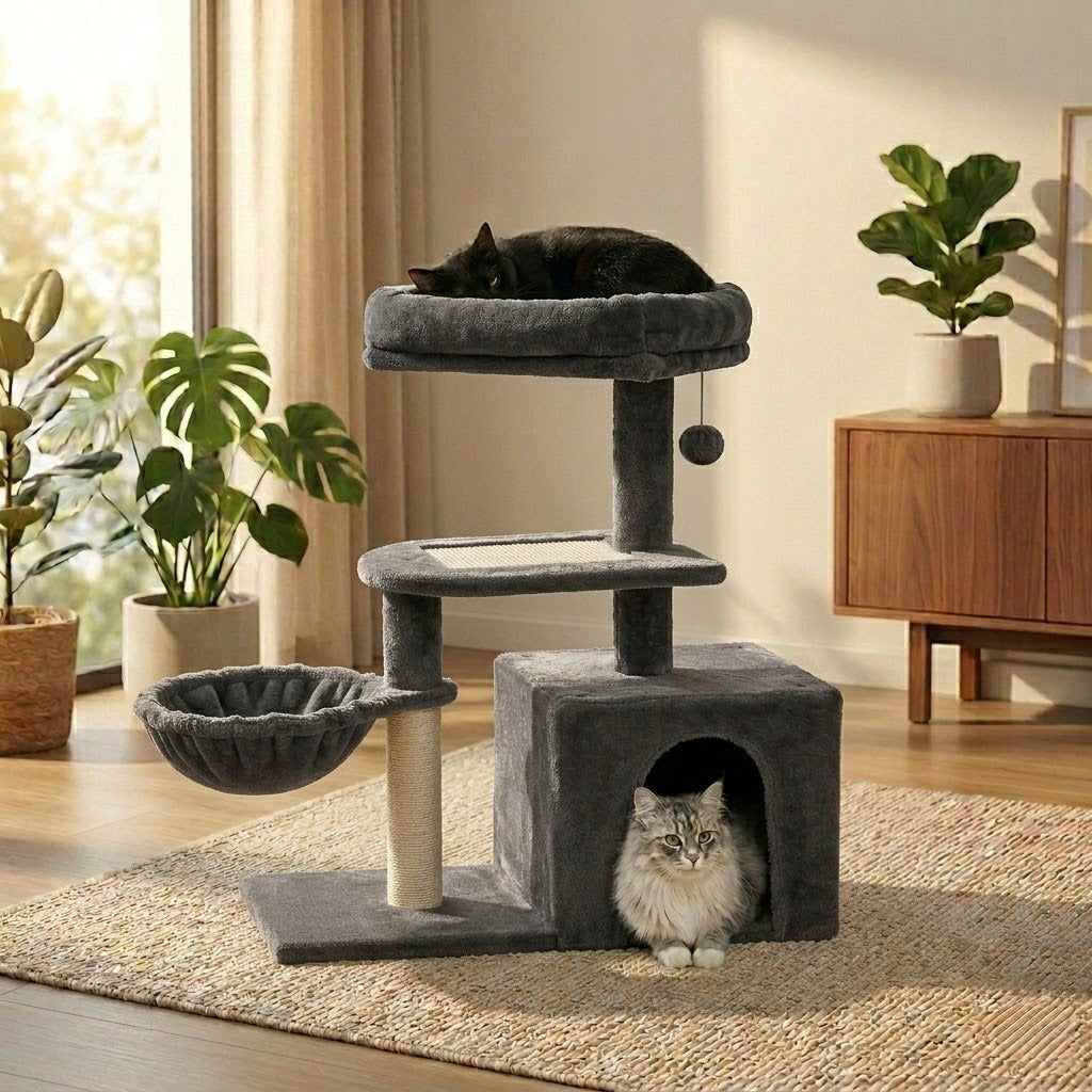 Arbre à chat compact Flexi-Tower B 80cm de HammiePets avec plateforme pivotante et hamac pour chat.