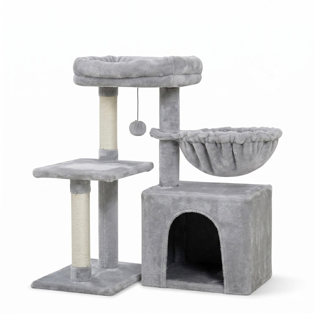 Arbre à chat compact HammiePets Flexi-Tower A 80cm avec base pivotante à 180°, en peluche douce et plateforme d'observation.