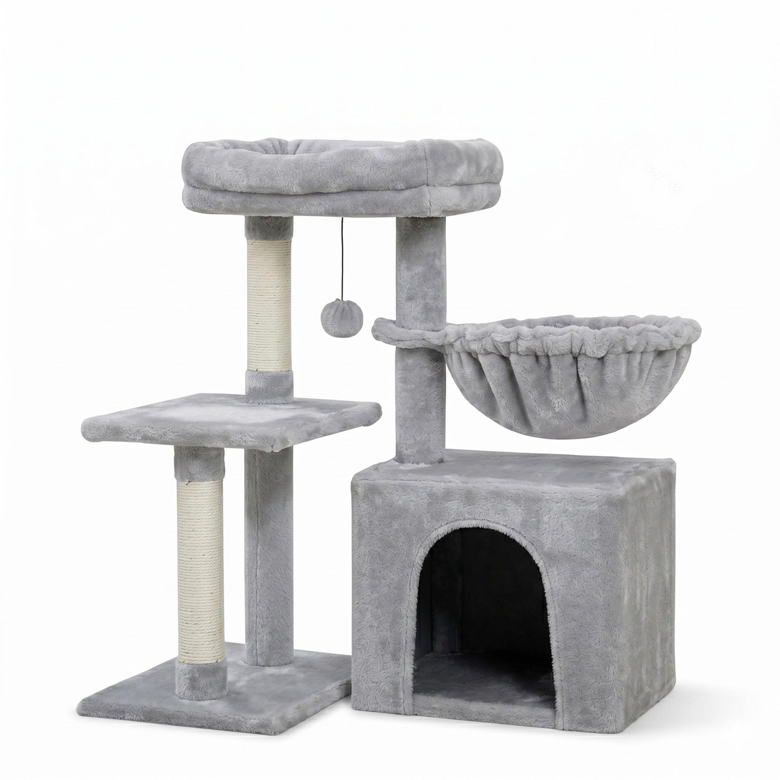 Arbre à chat compact HammiePets Flexi-Tower A 80cm avec base pivotante à 180°, en peluche douce et plateforme d'observation.