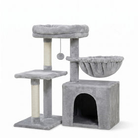 Arbre à chat compact HammiePets Flexi-Tower A 80cm avec base pivotante à 180°, en peluche douce et plateforme d'observation.