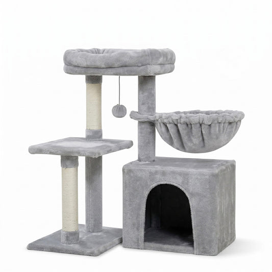 Arbre à chat compact HammiePets Flexi-Tower A 80cm avec base pivotante à 180°, en peluche douce et plateforme d'observation.