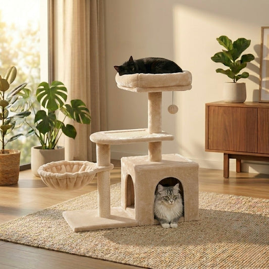 Arbre à chat compact HammiePets Flexi-Tower B 80cm avec plateforme pivotante et hamac pour chat domestique