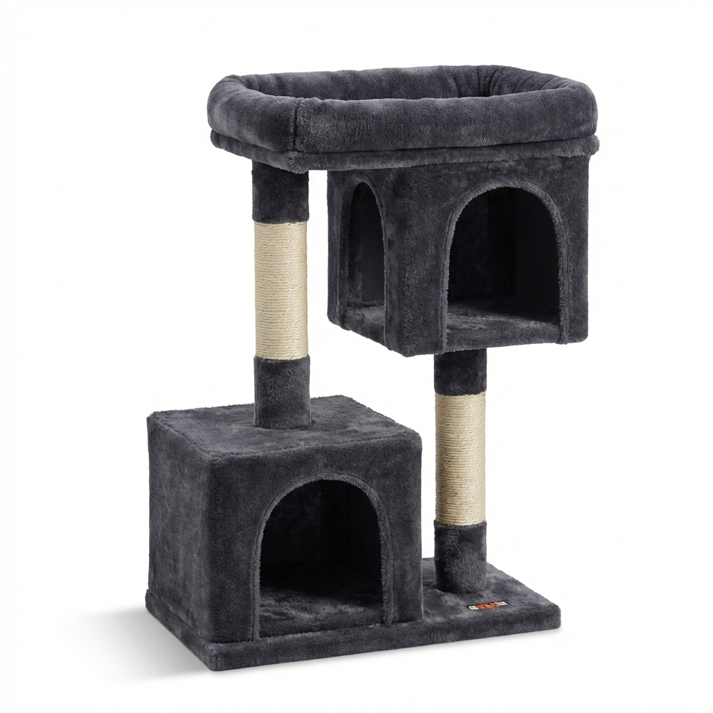 Arbre à chat compact HammiePets avec double niche déhoussable et plateforme en bois, 84 cm de hauteur, pour chat domestique