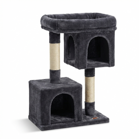 Arbre à chat compact HammiePets avec double niche déhoussable et plateforme en bois, 84 cm de hauteur, pour chat domestique