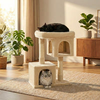 Arbre à chat compact HammiePets avec double niche déhoussable, hauteur de 84cm, en bois avec plateforme et cachettes pour chat.
