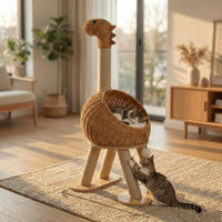 Arbre à chat design Dino de 114cm en rotin tressé naturel, style bohème, pour chat, par HammiePets