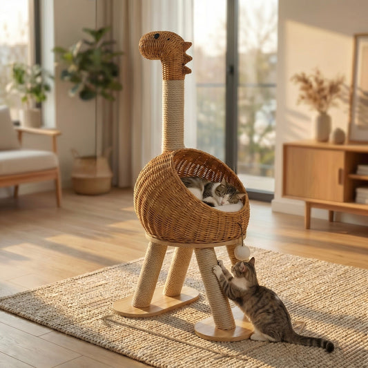 Arbre à chat design Dino de 114cm en rotin tressé naturel, style bohème, pour chat, par HammiePets