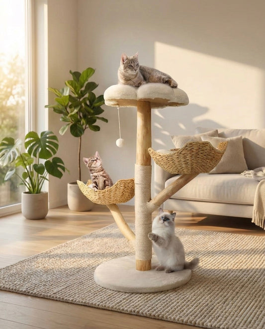 Arbre à chat design HammiePets en bois massif scandinave, 110cm, avec plateformes et sisal pour chat.