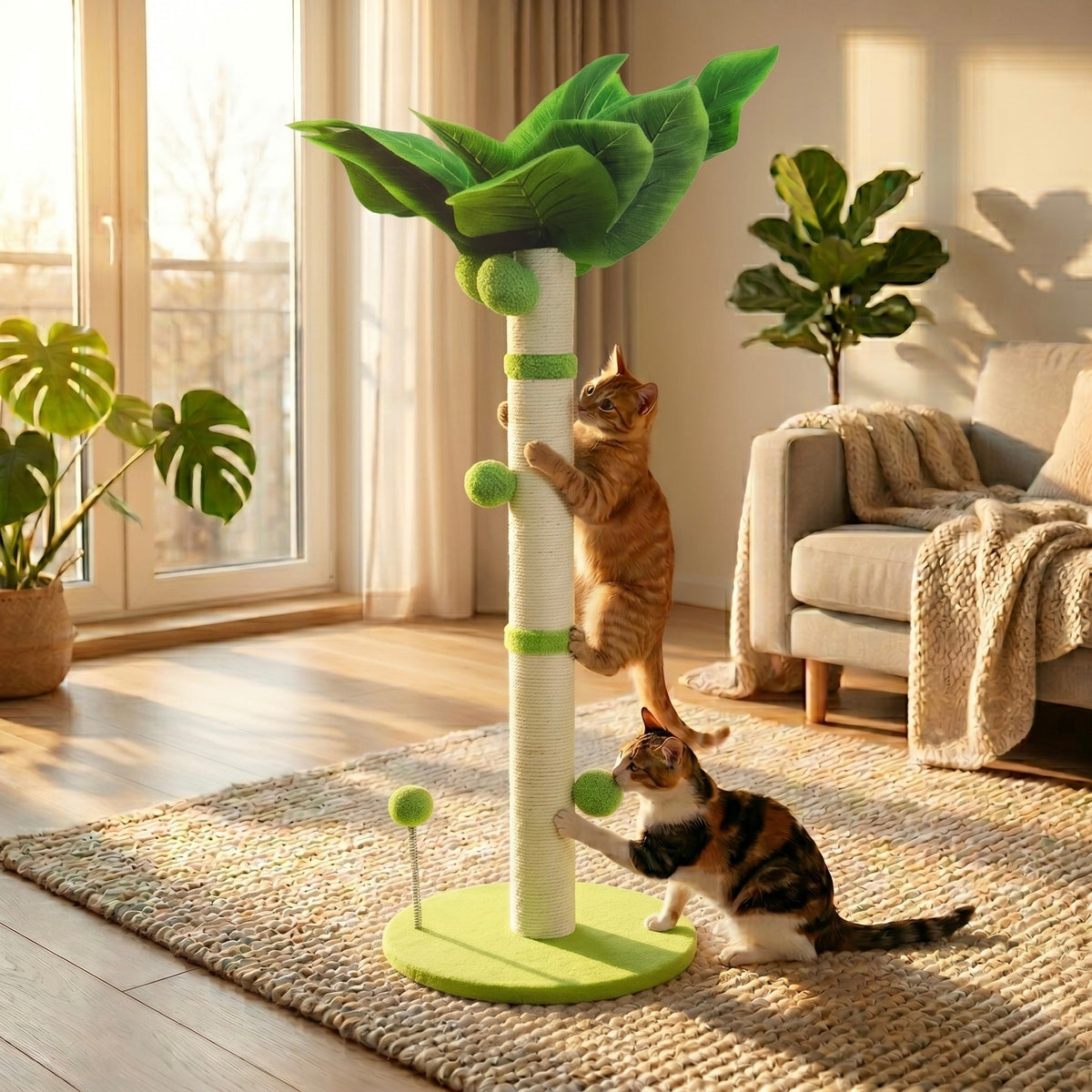 Griffoir design Palmier Tropico HammiePets en sisal avec deux balles ressort, 65cm, pour chat.