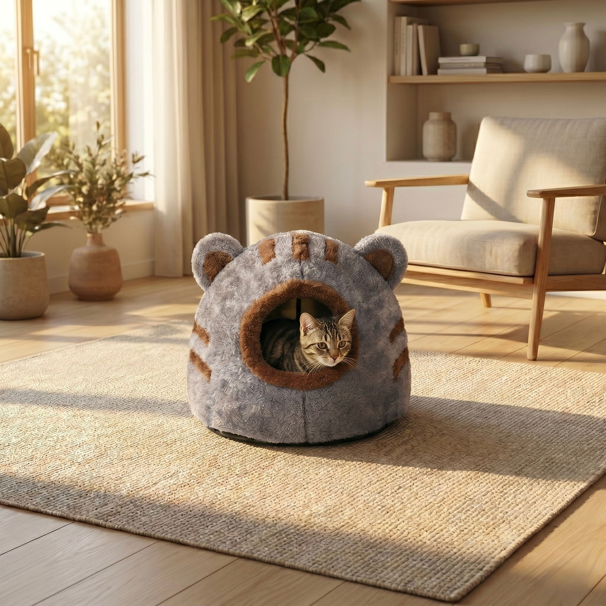 Nid cocon pour chat HammiePets en polaire chaud en forme de tête d'ours, confortable et doux pour votre chat.