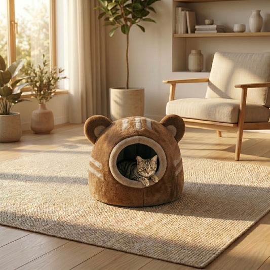 Nid cocon pour chat HammiePets en polaire chaude en forme de tête d'ours, idéal pour le confort et la chaleur.