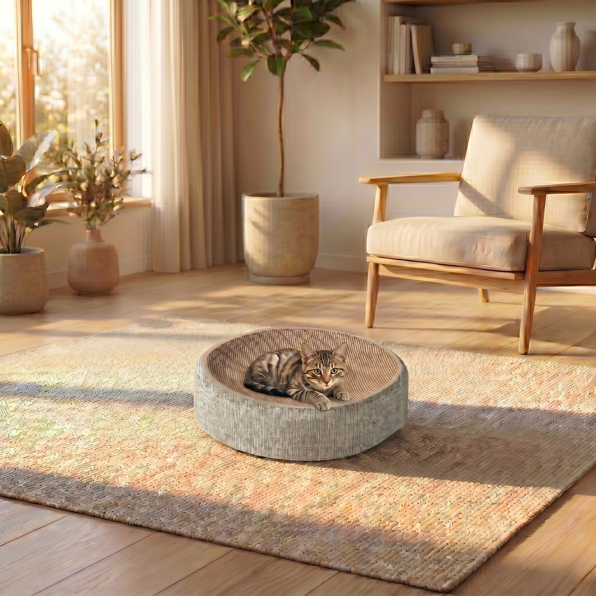 Panier griffoir ovale 2-en-1 HammiePets en sisal tressé crème, pour chats, avec surface pour griffer et espace pour reposer.