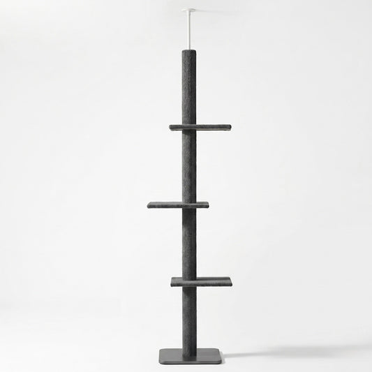 Tour Skyline Compact 3 niveaux pour chien ou chat, gris, réglable de 228 à 273 cm, HammiePets, tour sol-plafond robuste.