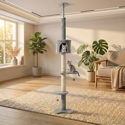 Tour Skyline Compact HammiePets, vue de détail, sol-plafond 3 niveaux 220-280cm pour chat.