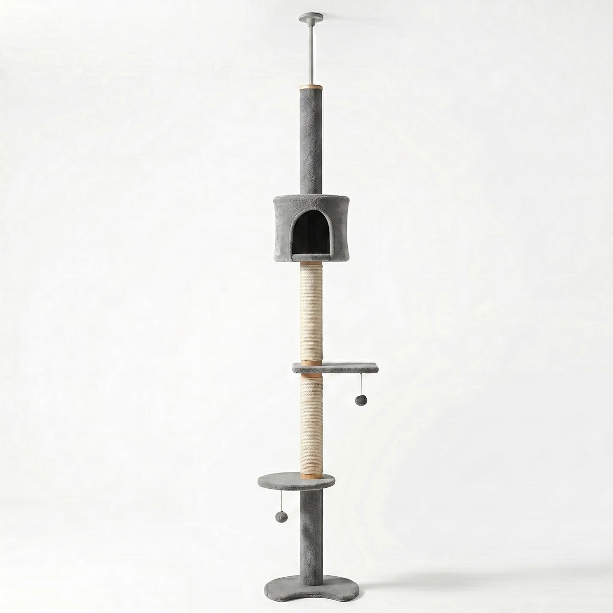 Tour Skyline Compact HammiePets, tour sol-plafond à 3 niveaux pour chat, hauteur 220-280cm, structure solide.