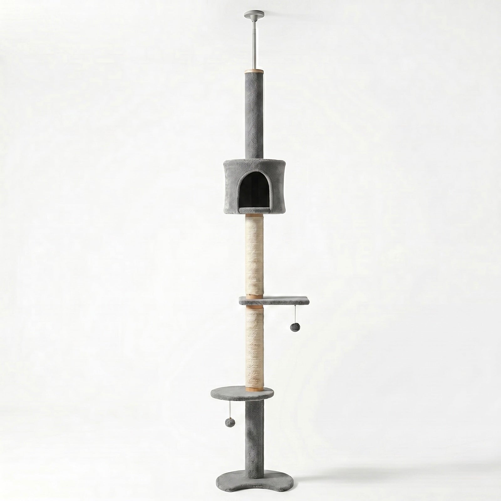 Tour Skyline Compact HammiePets, tour sol-plafond à 3 niveaux pour chat, hauteur 220-280cm, structure solide.