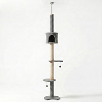 Tour Skyline Compact HammiePets, tour sol-plafond à 3 niveaux pour chat, hauteur 220-280cm, structure solide.