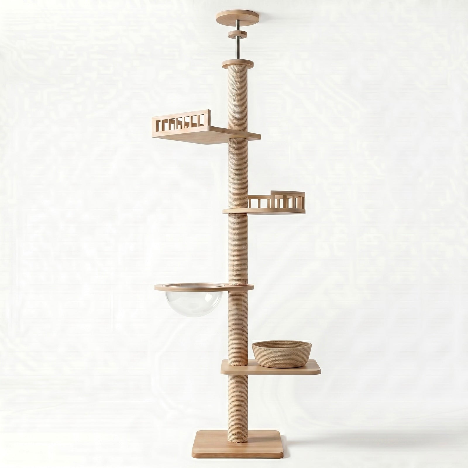 Tour Skyline standard 4 niveaux HammiePets, tour sol-plafond beige avec plateformes pour animaux de compagnie.
