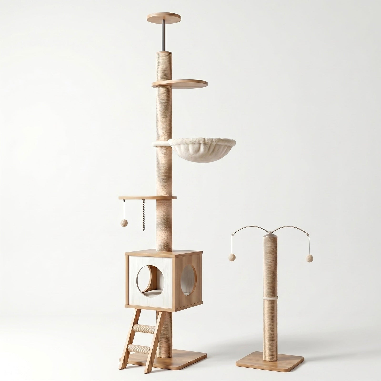 Tour Skyline standard HammiePets pour animaux, 4 niveaux, hauteur 225-285cm, beige, tour sol-plafond pour espace de jeu.