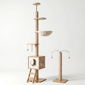 Tour Skyline standard HammiePets pour animaux, 4 niveaux, hauteur 225-285cm, beige, tour sol-plafond pour espace de jeu.