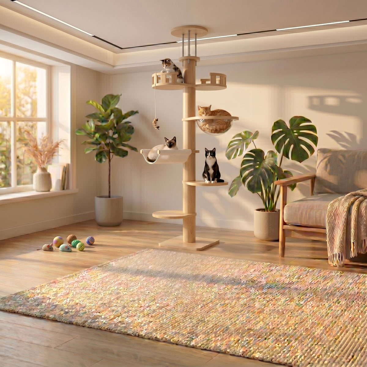 Tour sol-plafond Skyline XXL 6 niveaux pour Maine Coon, structure robuste et espace de jeu pour chat, par HammiePets.