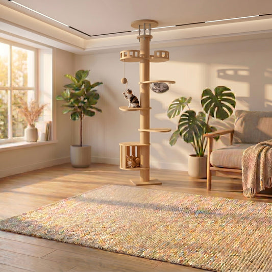 Tour sol-plafond Skyline XXL Premium pour chat Maine Coon, structure robuste à 6 niveaux avec plateformes confortables.